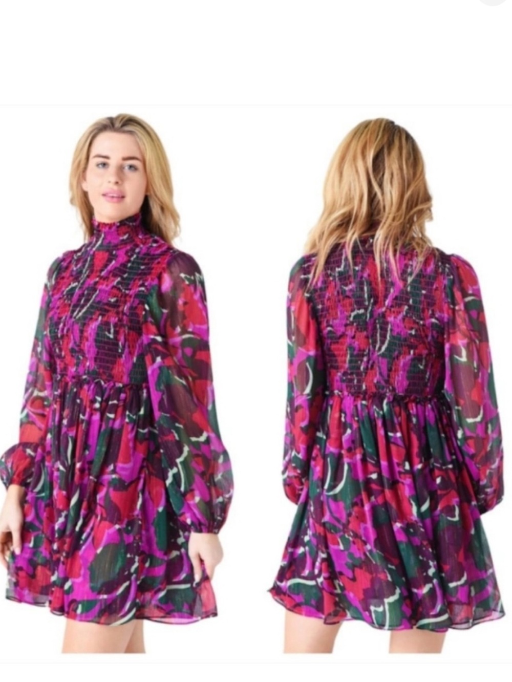 MISA Jesse Turtleneck Smocked Print Dress In Holiday Sparkle Size Large